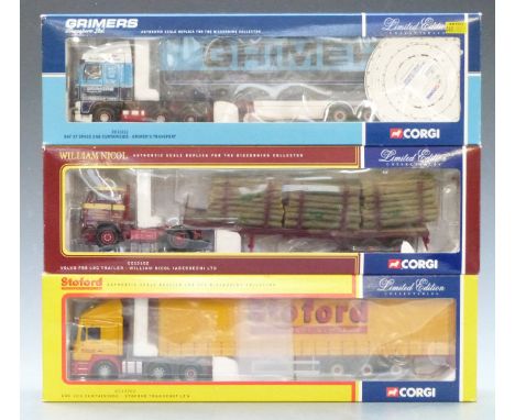 Three Corgi 1:50 scale limited edition diecast model lorries Stoford Transport CC12702, William Nicol (Aberdeen) Ltd CC13102 