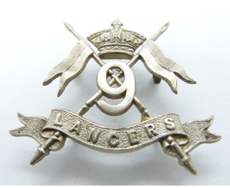 British Army 9th Lancers Victorian white metal cap badge