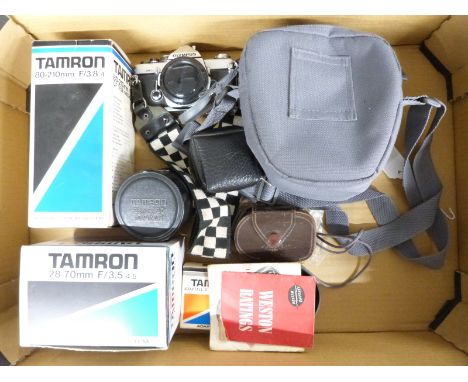 Olympus OM-2N SLR camera with Tamron 1:2.5 28mm, tele macro 28-70mm 1:3.5-4.5 and 1:3.8 80-210mm lenses, Weston light meter e
