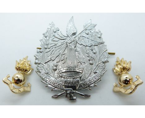 British Army Tyne Electrical Engineers Pipers metal badge and anodised collar badges