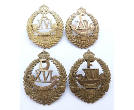 Four New Zealand Army WWI 16th Reinforcements A, C, D and F Company metal hat badges