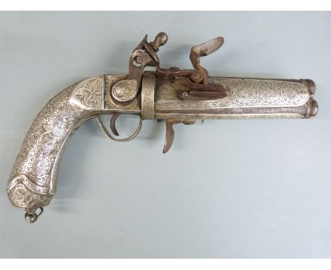 Middle Eastern flintlock hammer action double barrelled over and under pistol with all over embossed and engraved white metal