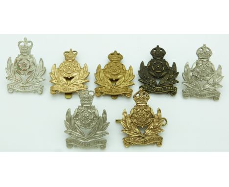 Seven British Army Intelligence Corps metal cap badges including a Queen's Crown example, four by Gaunt London