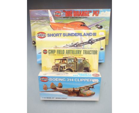 Four Airfix plastic model kits comprising 1:144 scale Braniff International Boeing 747 and Boeing Clipper, 1:72 scale Sunderl
