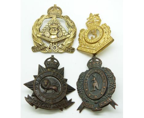 Four Australian Army metal hat badges for the 42nd AMF, Torrens Regiment, 3rd Battalion Werriwa Regiment and the 15th Battali