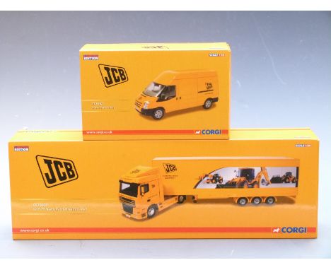 Two Corgi JCB 1:50 scale limited edition diecast model vehicles DAF XF Space Cab Exhibition Unit CC13237 and Ford Transit Van