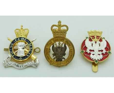 Three British Army Dorset Yeomanry, Royal Mercian and Lancaster Yeomanry and Queen's Own Mercian Yeomanry metal cap badges, o
