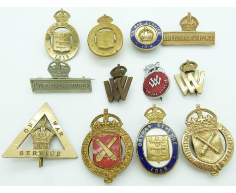 Twelve On War Service/Volunteer Service etc enamel and metal badges