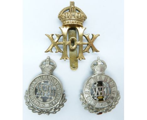 Three British Army 18th Hussars and 20th Hussars metal cap badges