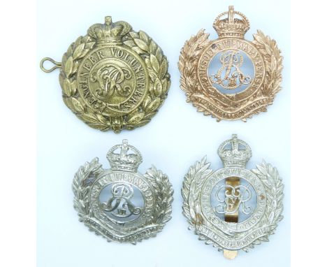 Four British Army Royal Engineers Volunteers metal badges including a Queen Victoria cipher example