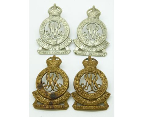 Four British Army Surrey Yeomanry Queen Mary's Regiment metal collar badges