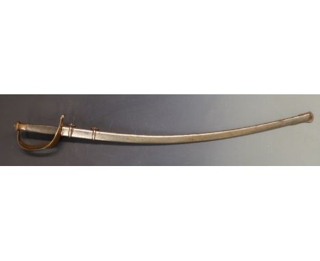 19thC sword with curved engraved 73cm blade, chequered grip and copper guard, with scabbard&nbsp;