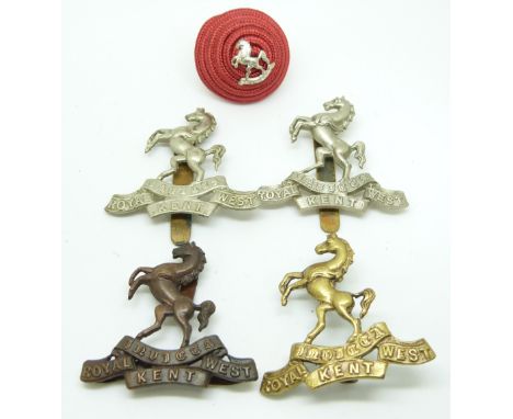 Five British Army Royal West Kent Regiment metal cap badges including an officer's BOSS example