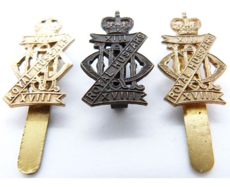 Three British Army 13th Hussars metal cap badges, one by Gaunt