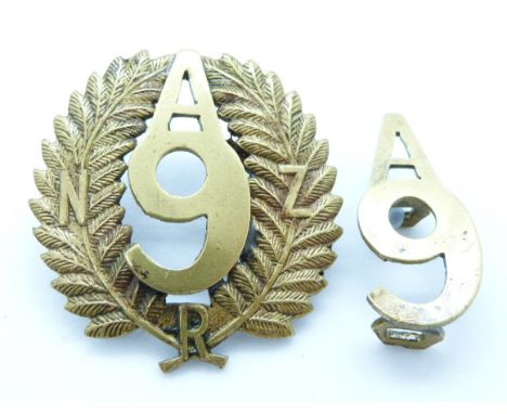 Two New Zealand Army 9th Reinforcements A Company metal hat and collar badge