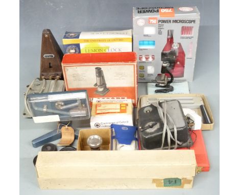 Various scientific interest items to include hydrometers, vintage microscope kit, further boxed microscope, Cochranes of Oxfo