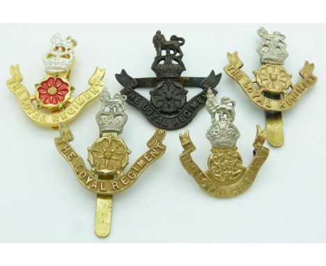 Five British Army The Loyal Regiment metal cap badges including an officer's example