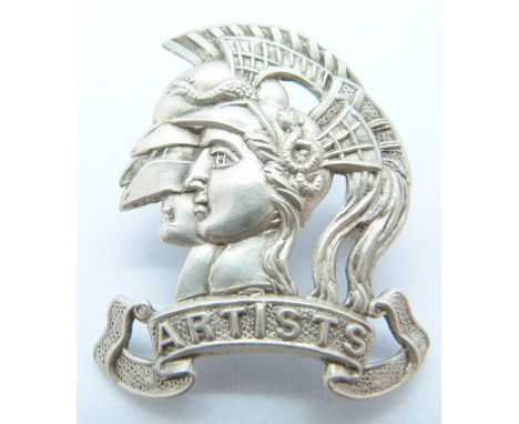British Army 28th County of London Battalion Artists Rifles officer's white metal cap badge