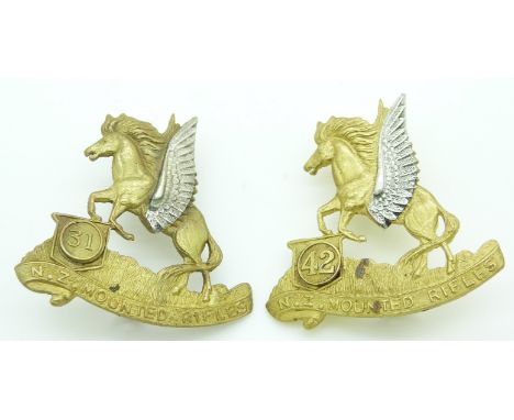 Two New Zealand Army WWI 31st and 42nd Mounted Rifles Reinforcements metal hat badges