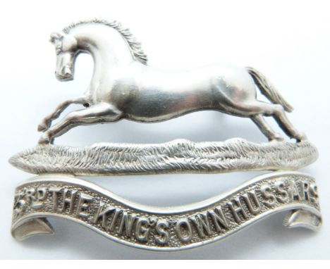 British Army 3rd King's Own Hussars officer's white metal cap badge