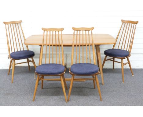 Mid-century light elm Ercol dining table and four chairs, 72 x 155 x 75cm&nbsp;