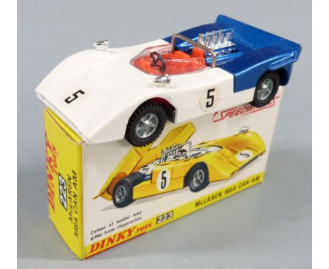 Dinky Toys diecast model McLaren M8A Can Am with Speedwheels, white body, blue engine cover, red interior and racing number '