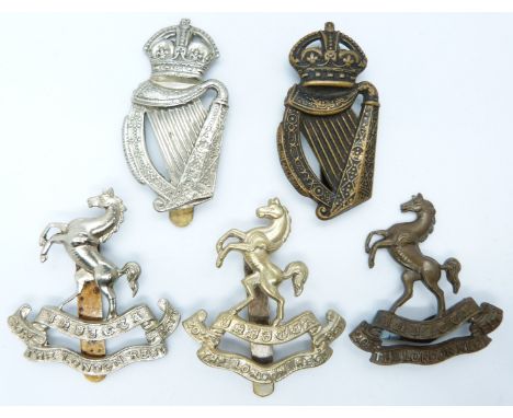 Five British Army 18th London Irish Rifles and 20th Blackheath and Woolwich&nbsp;County of London Brigade metal cap badges