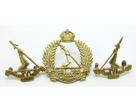 New Zealand Army 16th Waikato Regiment other ranks cap and collar metal badges