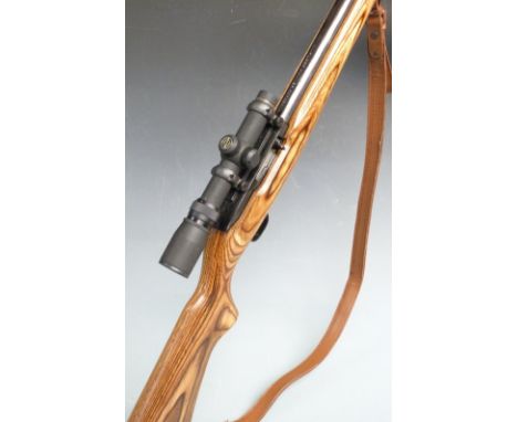 Ruger model 10/22 .22LR semi-automatic carbine rifle with show wood stock, semi-pistol grip, leather sling, Simmons Whitetail