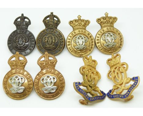 Eight British Army Queen's Own Hussars metal collar badges in three pairs plus two including King's/Queen's crown examples