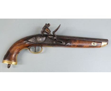 Flintlock hammer action sea service pistol with brass butt plate, trigger guard and mounts, belt loop and 9 inch smooth bored