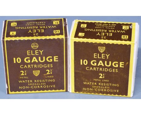 Fifty Eley 10 bore water resisting smokeless non-corrosive shotgun cartridges, in original boxes, one sealed.&nbsp;PLEASE NOT