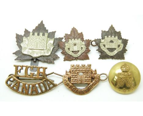 Four Canadian Army Fort Garry Horse metal badges together with a FGH shoulder title and button