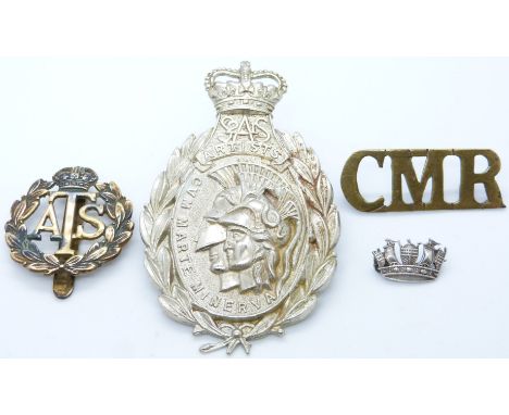 British Army 21 SAS metal hat badge together with an ATS hat badge, CMR shoulder title and a pin back badge in the shape of a