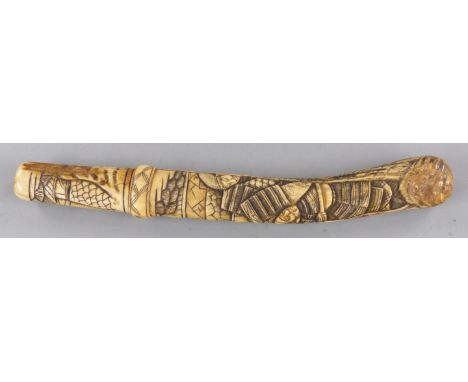 Japanese late 19thC/early 20thC tanto with carved ivory scabbard decorated with Samurai warriors, overall length 26.5cm