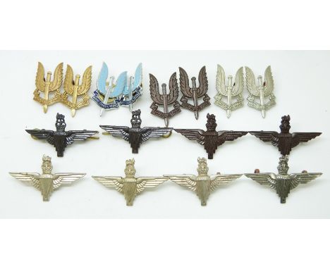 Sixteen British Army Parachute Regiment and Special Air Service Regiment metal collar badges in eight pairs