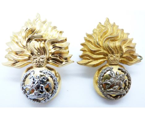 British Army Northumberland Fusiliers officer's gilt cap badge together with a bi-metal example