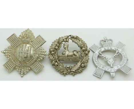 Three British Army Highland Light Infantry, Gordon Highlanders and Seaforth and Camerons Regiment piper's metal badges