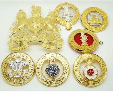 Six British Army modern metal badges including the King's and Queen's Division etc together with an Adjutant General's Corps 