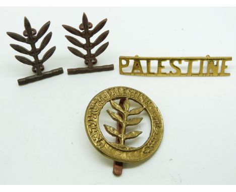 British Army Palestine Regiment other ranks cap badge olive tree within circlet together with a shoulder title and a pair of 