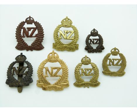 Seven New Zealand Army WWI New Zealand Expeditionary Force metal hat and collar badges