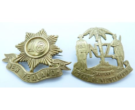 Two New Zealand Army WWI 18th/23rd Reinforcements metal hat badges
