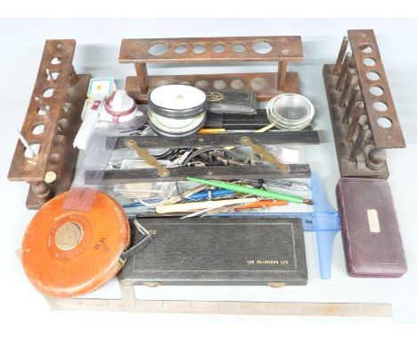 Collection of draughtsman's instruments including rulers, compasses 1940 military plotting protractor&nbsp;