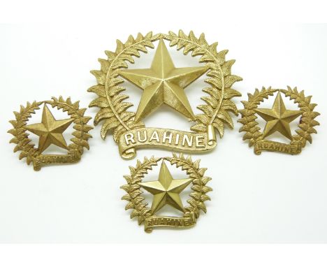 New Zealand Army 17th Ruahine Regiment metal helmet badge and three cap badges, all with Gaunt makers to reverse