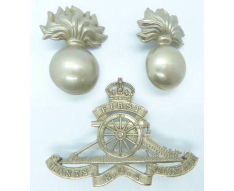 British Army Royal Artillery First Hampshire Volunteers Royal Garrison Artillery metal badge plus two collar badges