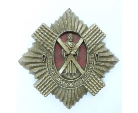 British Army Royal Scots Regiment economy plastic cap badge, A Stanley &amp; Sons Walsall to reverse