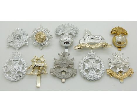 Ten British Army Infantry anodised cap badges including Inniskilling, Bedfordshire, Notts and Derby Regiments etc, three by G