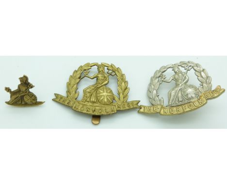 Three British Army Norfolk Regiment badges, two WWI forage cap examples and a pre-1896 field service cap example