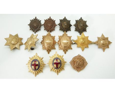 Thirteen British Army Foot Guards metal collar badges in five pairs plus three including an enamel and gilt example