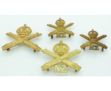 Four New Zealand Army WWI New Zealand Expeditionary Force Machine Gun Corps metal hat and collar badges, three marked Firmin